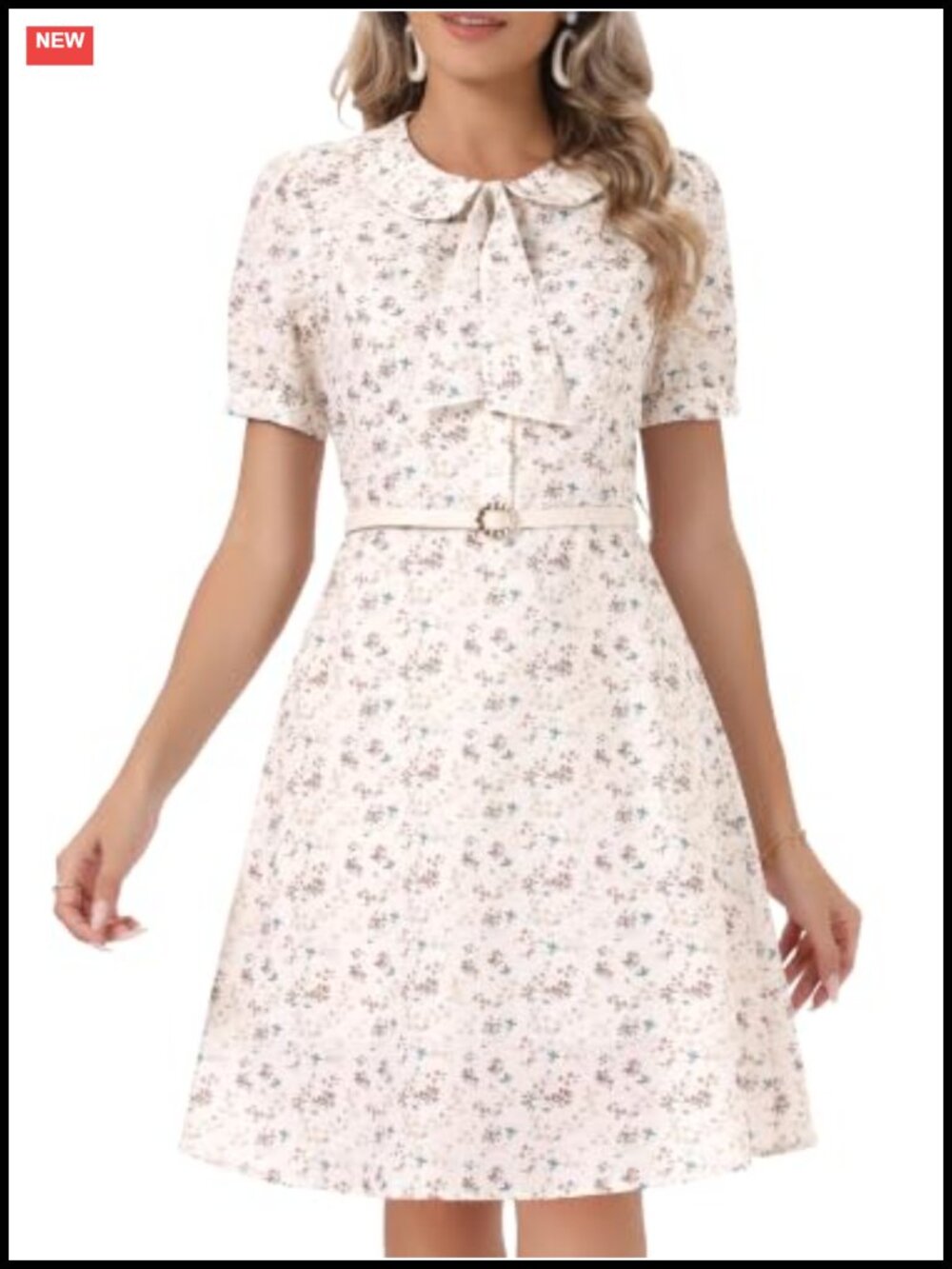 Peter Pan Collar Floral Dress with Belt, Puff Sleeve, Button Up, Knee Length